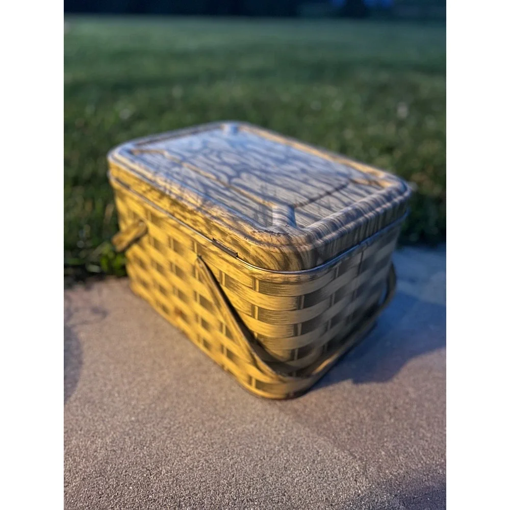 Vintage Metal Picnic Basket Tin Faux Basket Weave Litho Yellow Brown Hinged Lid